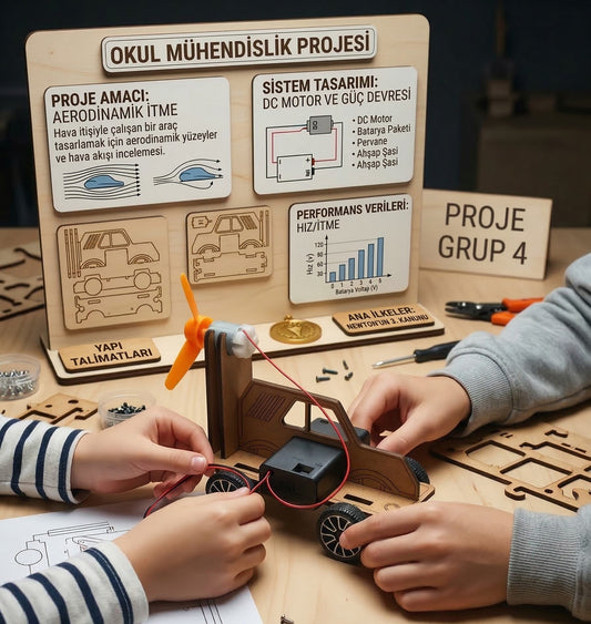 Pervaneli STEM arabası okul projesi yapan çocuk elleri ve ahşap fen deney seti düzeneği