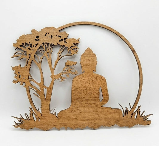 Ahşap Görünümlü Buda ve Hayat Ağacı Duvar Dekoru - 30x22cm