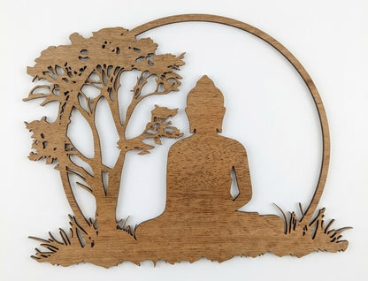 Ahşap Görünümlü Buda ve Hayat Ağacı Duvar Dekoru - 30x22cm