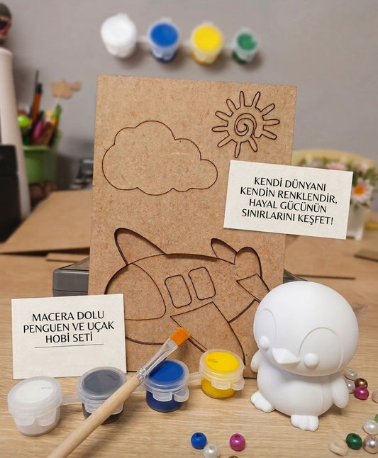 Boyanabilir Beyaz 3D Penguen Figürü, 6mm Kalınlığında Lazer Kesim MDF Uçak Temalı Magnet Kartı, 3'lü Akrilik Boya ve Fırça Seti - Nar Atölye