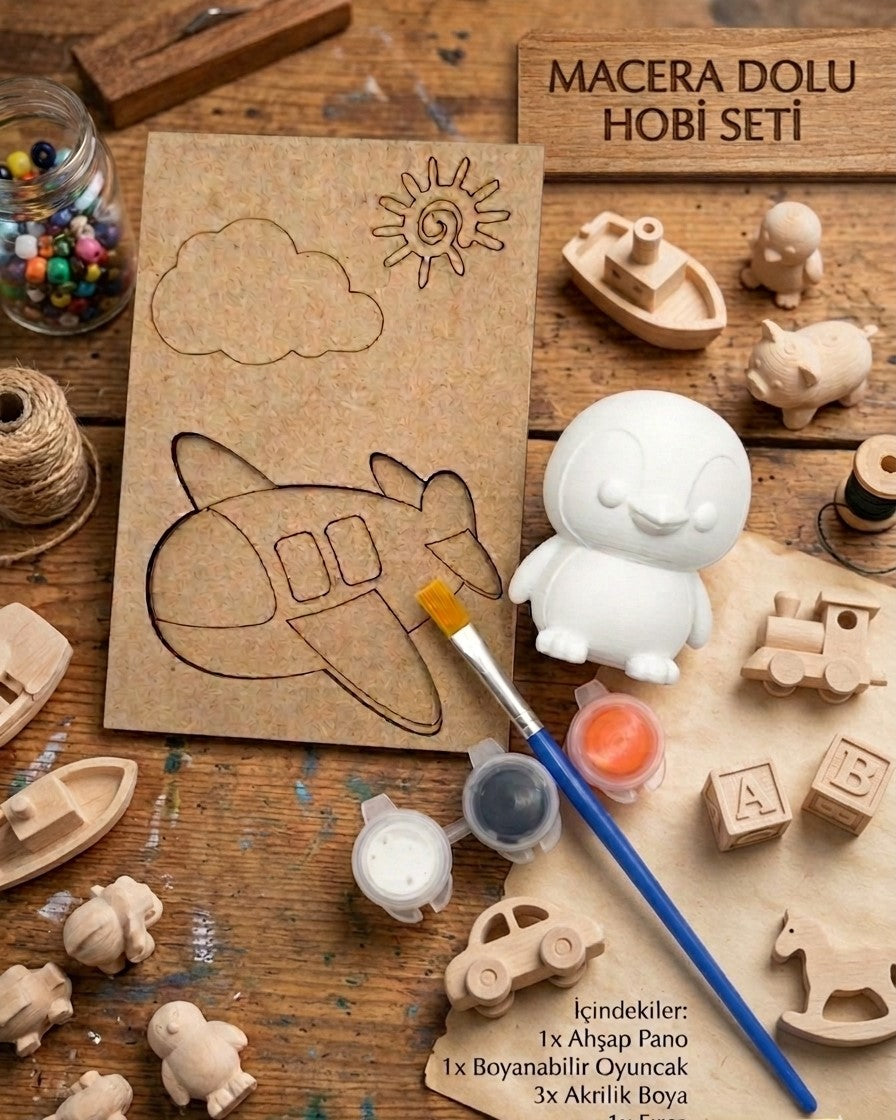 Mıknatıslı Ahşap Boyama Seti - 3D Penguen ve Uçak Temalı 6mm MDF Magnet Hobi Kiti - Nar Atölye