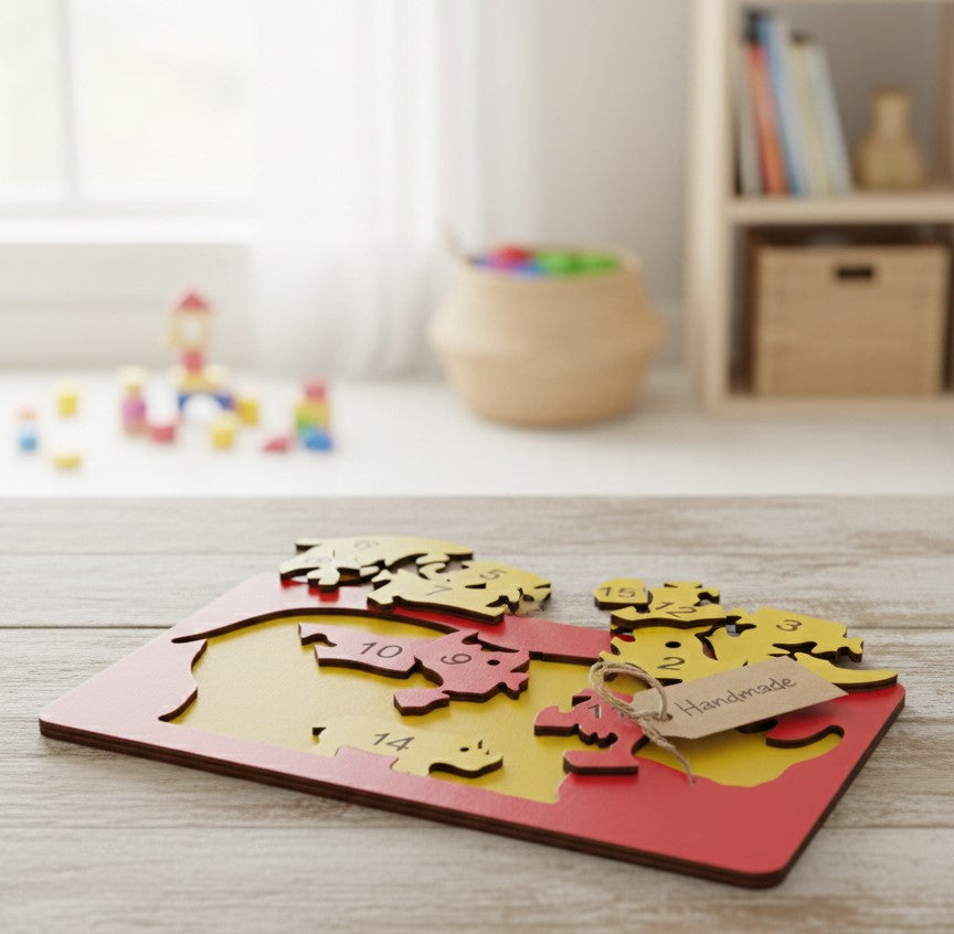 Eğitici Ahşap Gergedan Ailesi Puzzle - Sayı Öğretici 