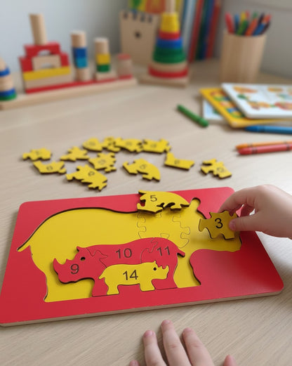 Eğitici Ahşap Gergedan Ailesi Puzzle - Sayı Öğretici 