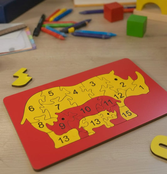 Eğitici Ahşap Gergedan Ailesi Puzzle - Sayı Öğretici 