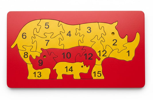 Eğitici Ahşap Gergedan Ailesi Puzzle - Sayı Öğretici 