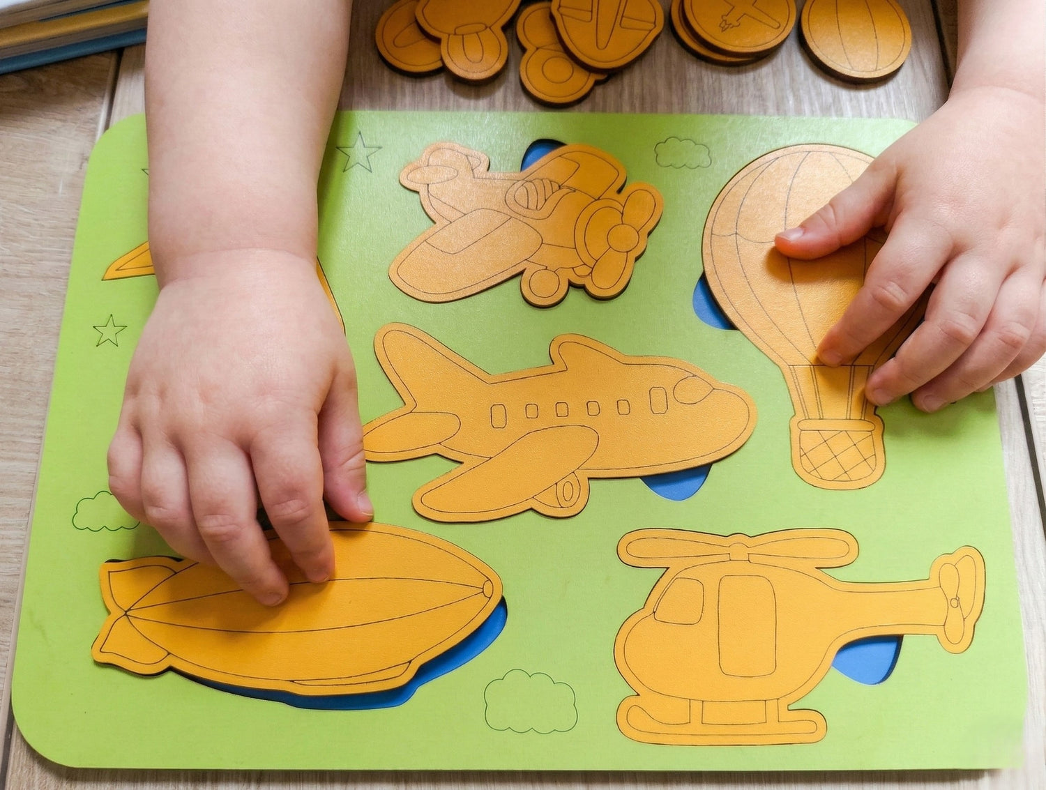 Ahşap Hava Taşıtları Puzzle Seti - 2-4 Yaş Arası - Montessori Uyumlu Eğitici Ahşap Oyuncak