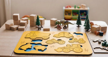 Ahşap Taşıtlar Puzzle Seti - 2-4 Yaş Arası - Montessori Uyumlu Eğitici Ahşap Oyuncak