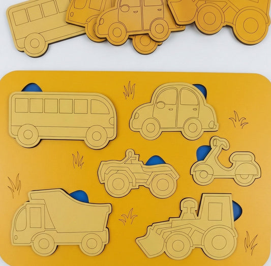 Ahşap Taşıtlar Puzzle Seti - 2-4 Yaş Arası - Montessori Uyumlu Eğitici Ahşap Oyuncak