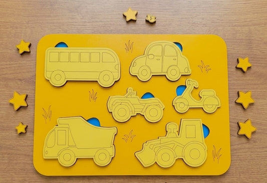 Ahşap Taşıtlar Puzzle Seti - 2-4 Yaş Arası - Montessori Uyumlu Eğitici Ahşap Oyuncak