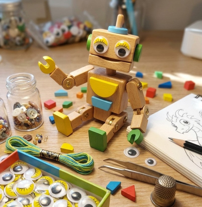 Hobi masasında sergilenen 15mm sarı  kirpikli oynar gözler ve renkli amigurumi aksesuarları