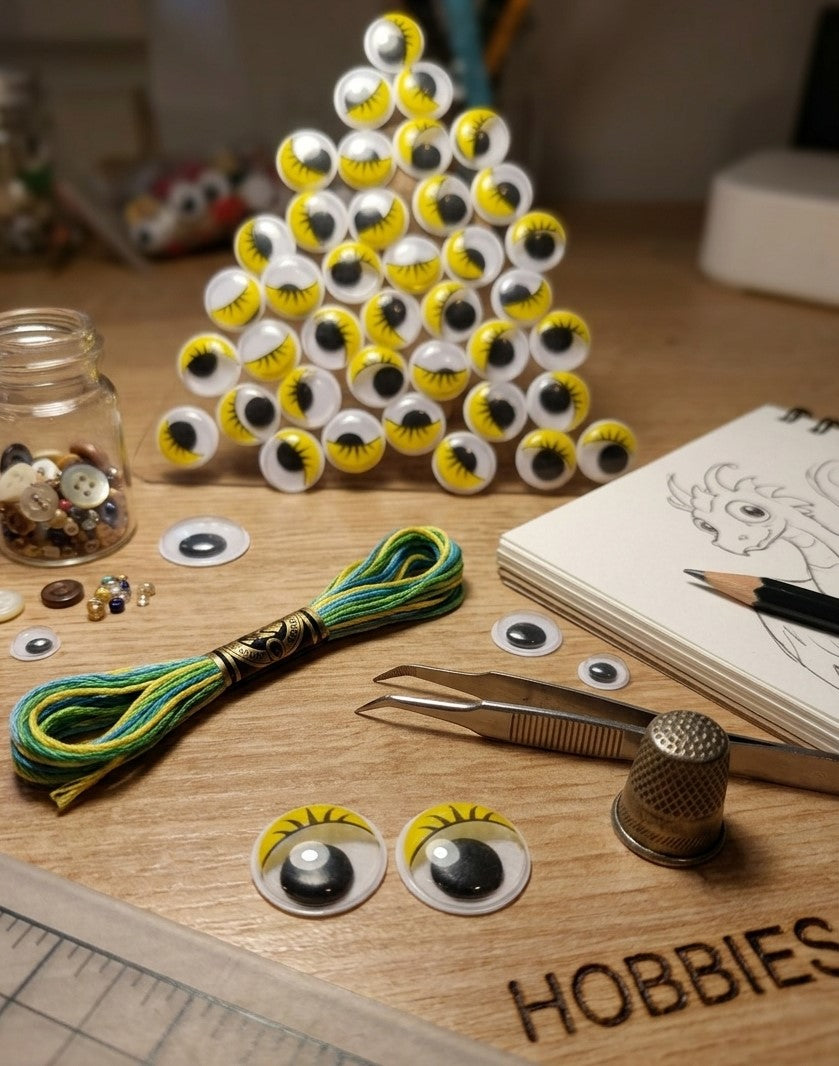Hobi masasında sergilenen 15mm sarı  kirpikli oynar gözler ve renkli amigurumi aksesuarları
