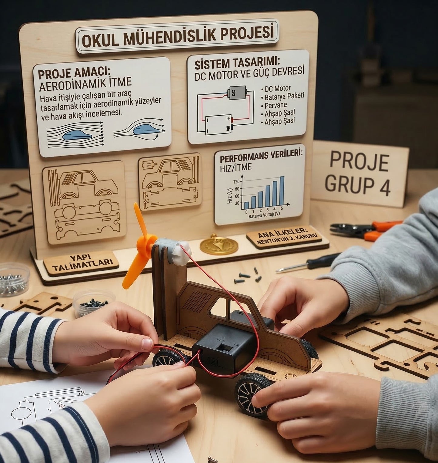 Pervaneli STEM arabası okul projesi yapan çocuk elleri ve ahşap fen deney seti düzeneği