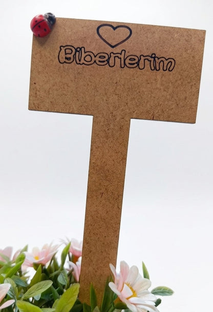 Saksı ve hobi bahçeleri için 3mm MDF ahşap bitki etiketleri; üzerinde uğur böceği ve kalp figürleri bulunan, el yapımı doğal görünümlü tohum işaretleyici seti