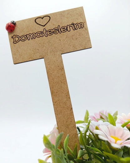 Saksı ve hobi bahçeleri için 3mm MDF ahşap bitki etiketleri; üzerinde uğur böceği ve kalp figürleri bulunan, el yapımı doğal görünümlü tohum işaretleyici seti