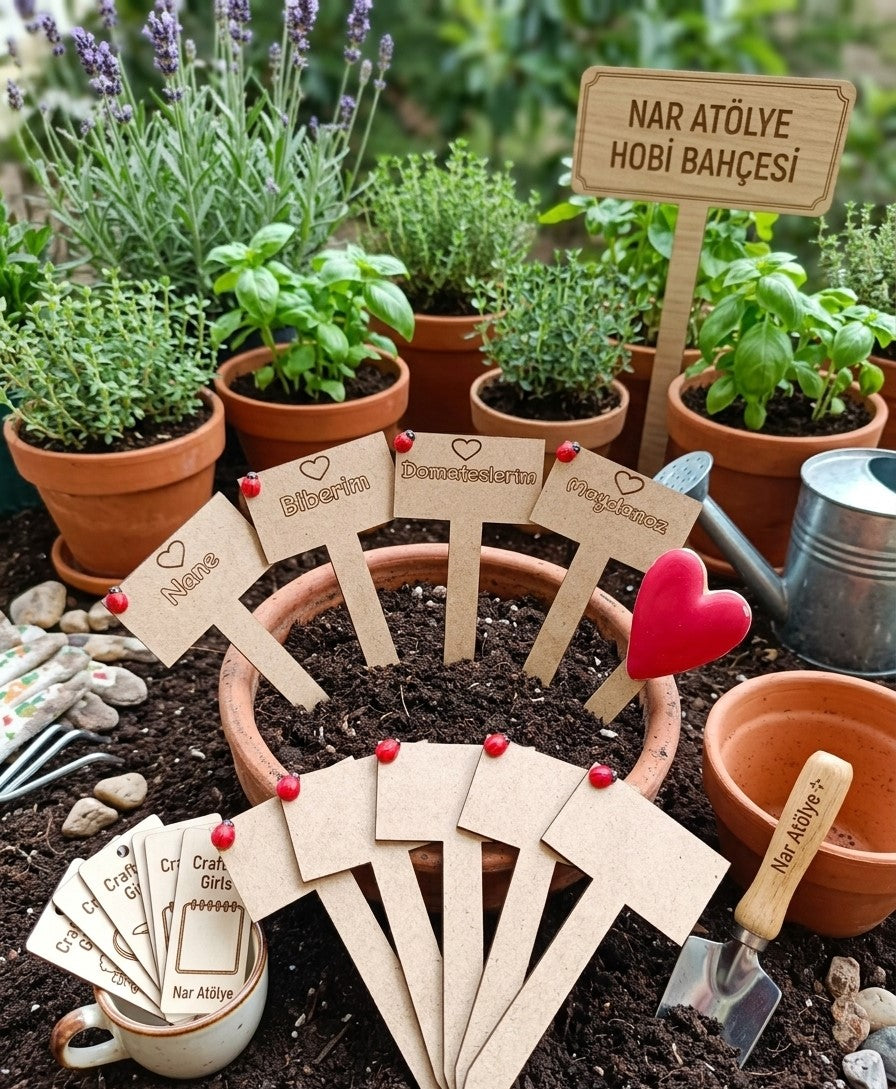 Saksı ve hobi bahçeleri için 3mm MDF ahşap bitki etiketleri; üzerinde uğur böceği ve kalp figürleri bulunan, el yapımı doğal görünümlü tohum işaretleyici seti